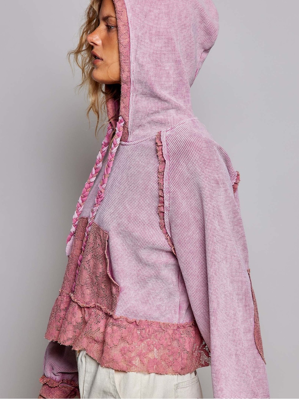 💕POL Pink Lace-Trim Hooded Pullover Top - Picture 4 of 10